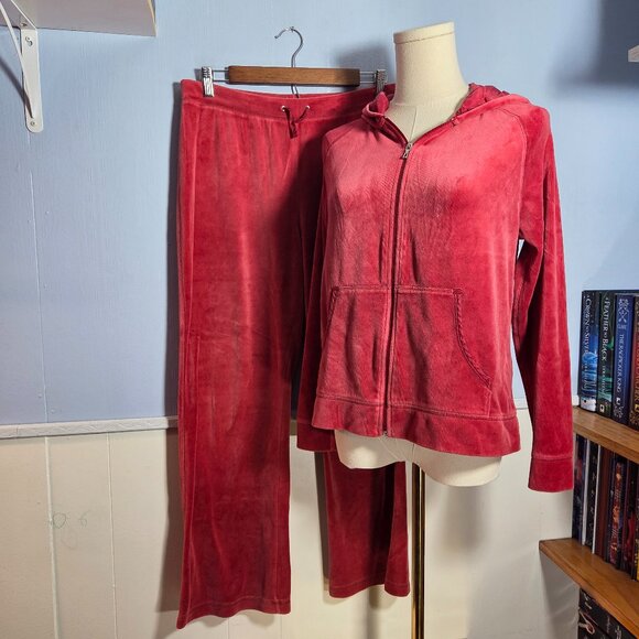Lands' End Petite Medium Muted Pinky Red Lightweight Velvet Longsleeve Pants Set - Picture 1 of 14